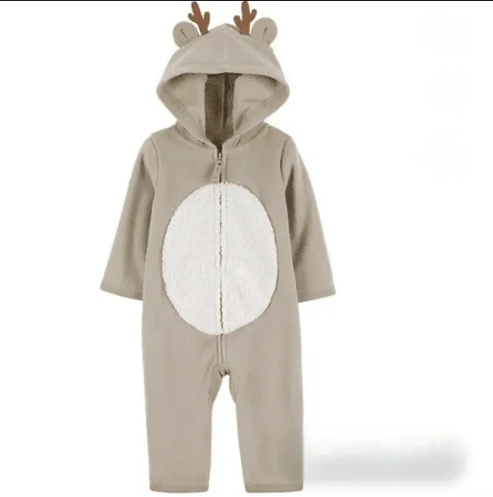 NEW Carters Hooded Sherpa Reindeer Zip Up 1 Piece Jumpsuit Infant Size 3M
